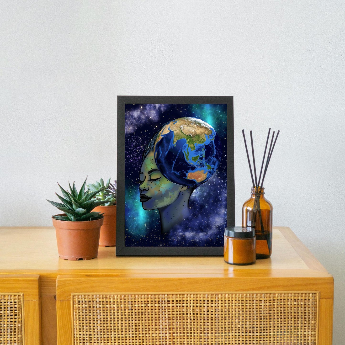 Galaxy Mother Earth Original Artwork, Quirky Wall Art, A4 Poster Print, Pagan, Celestial Wiccan
