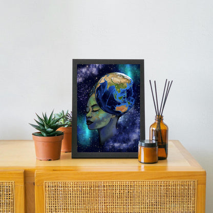 Galaxy Mother Earth Original Artwork, Quirky Wall Art, A4 Poster Print, Pagan, Celestial Wiccan