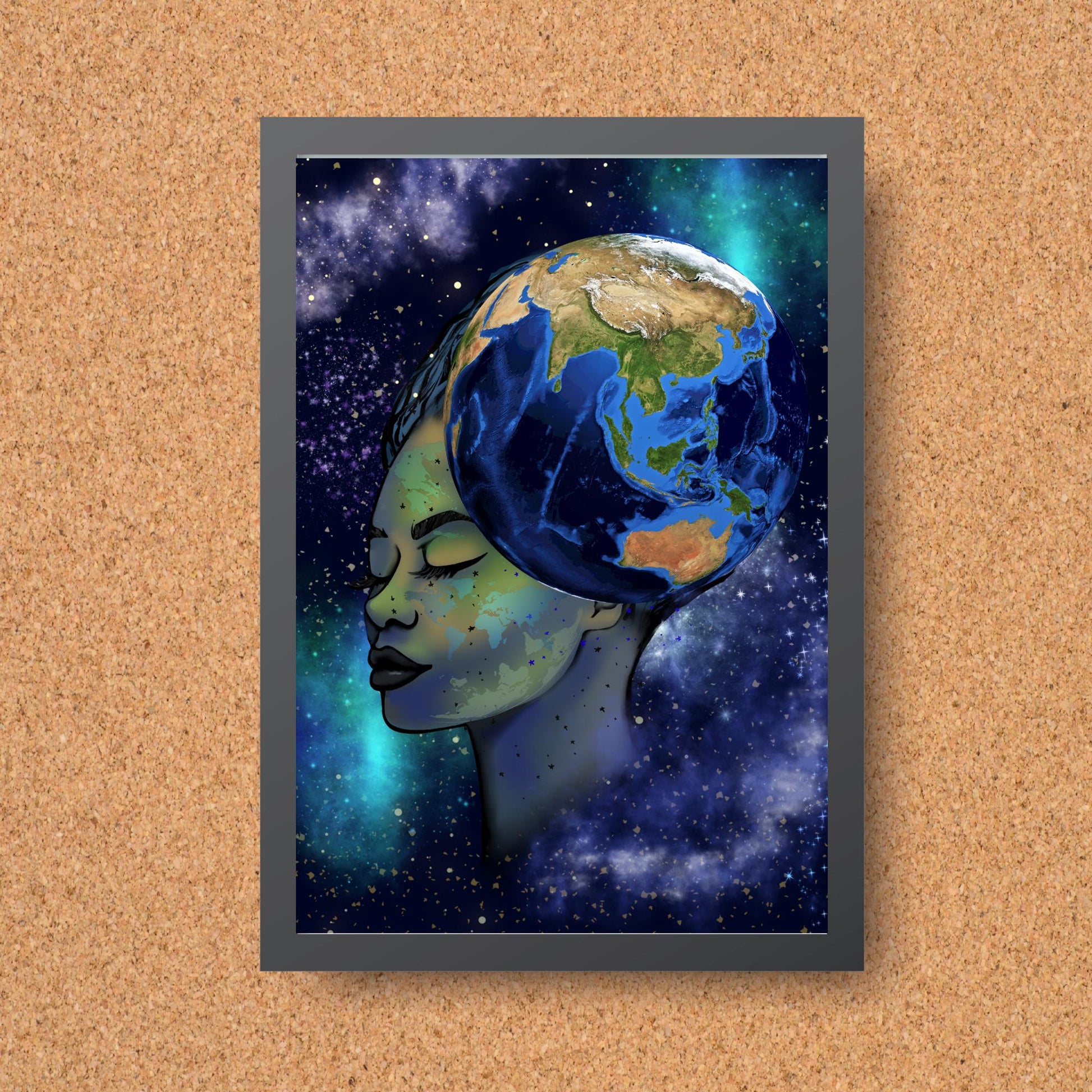 Galaxy Mother Earth Original Artwork, Quirky Wall Art, A4 Poster Print, Pagan, Celestial Wiccan