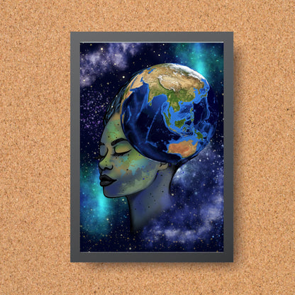 Galaxy Mother Earth Original Artwork, Quirky Wall Art, A4 Poster Print, Pagan, Celestial Wiccan