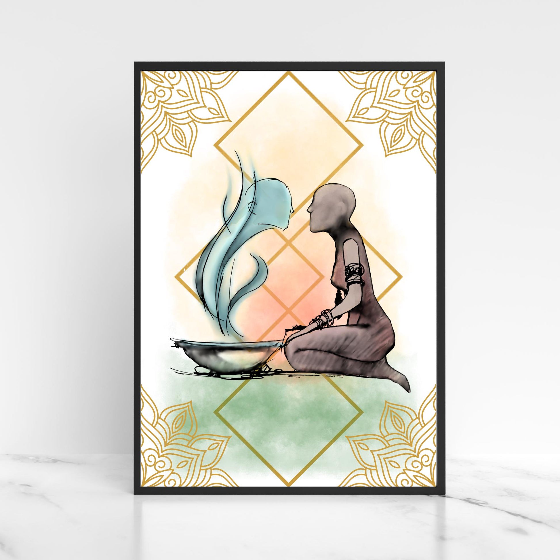 Illustration of a figure kneeling next to a bowl with steam coming out of it, against a decorative background.