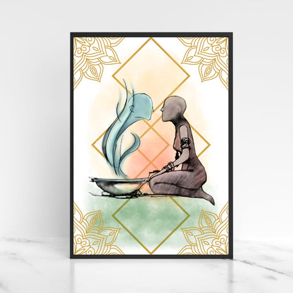 Illustration of a figure kneeling next to a bowl with steam coming out of it, against a decorative background.