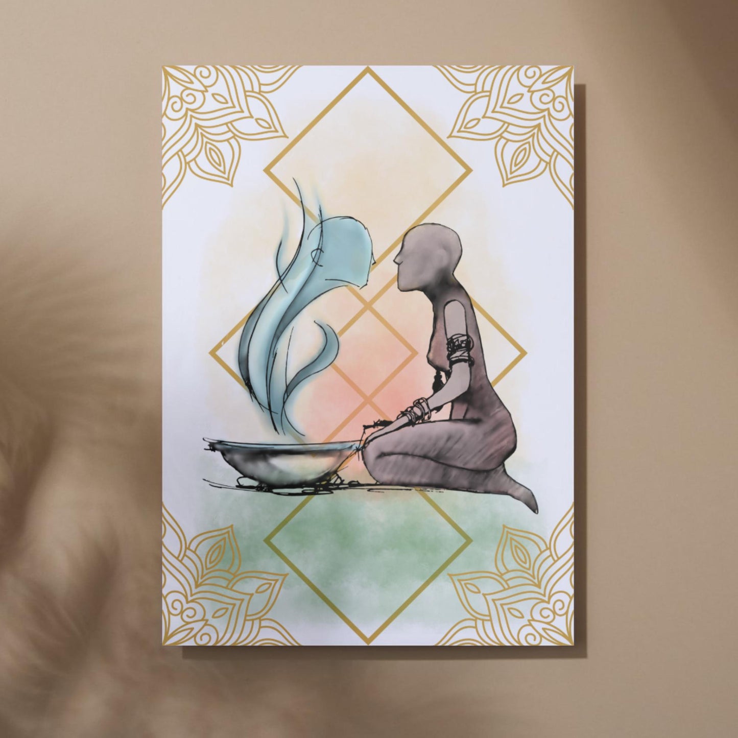 Illustration of a figure kneeling next to a bowl with steam coming out of it, against a decorative background.