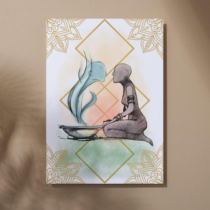 Illustration of a figure kneeling next to a bowl with steam coming out of it, against a decorative background.