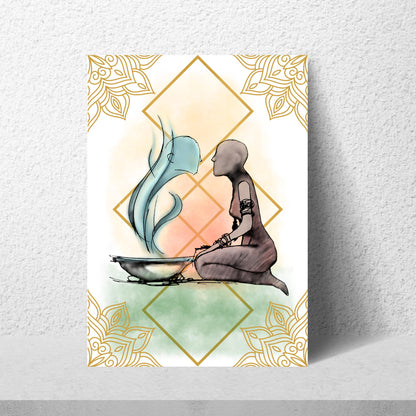 Illustration of a figure kneeling next to a bowl with steam coming out of it, against a decorative background.