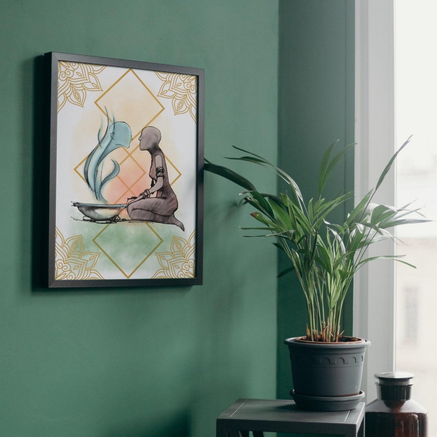 Illustration of a figure kneeling next to a bowl with steam coming out of it, against a decorative background.