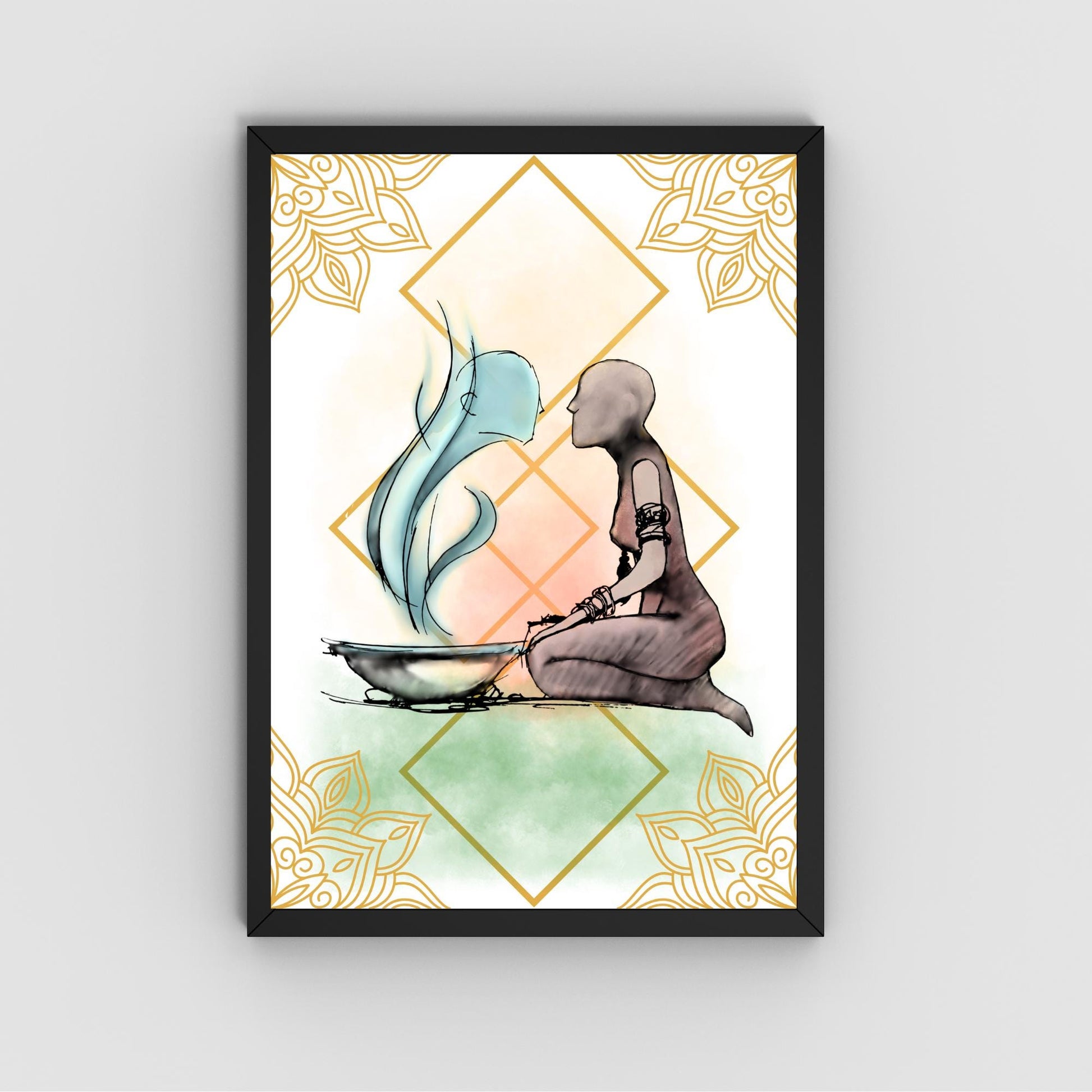 Illustration of a figure kneeling next to a bowl with steam coming out of it, against a decorative background.