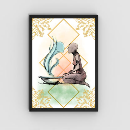 Illustration of a figure kneeling next to a bowl with steam coming out of it, against a decorative background.