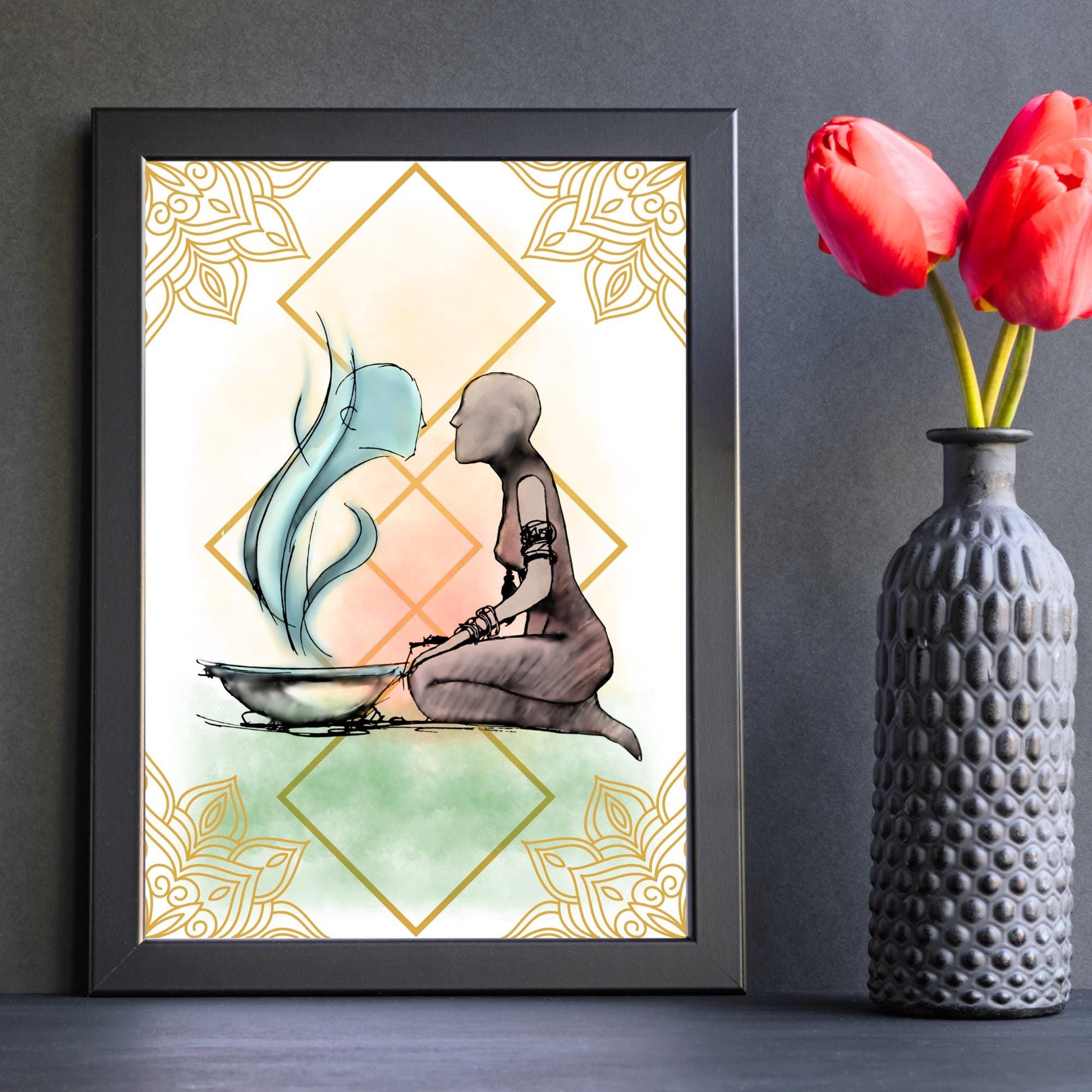 Illustration of a figure kneeling next to a bowl with steam coming out of it, against a decorative background.