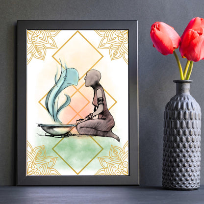 Illustration of a figure kneeling next to a bowl with steam coming out of it, against a decorative background.