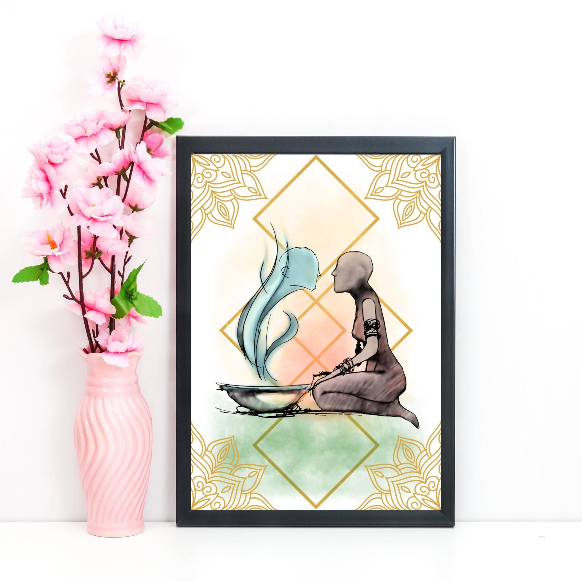 Illustration of a figure kneeling next to a bowl with steam coming out of it, against a decorative background.