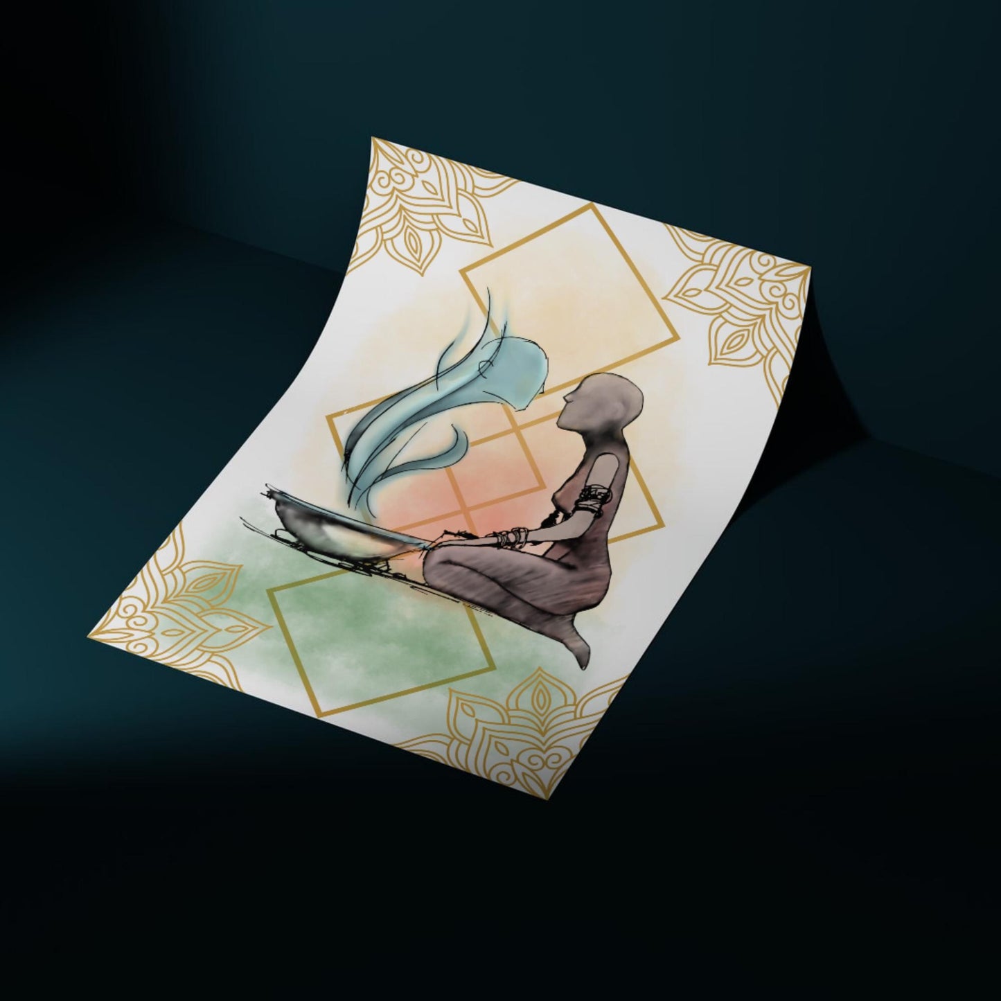 Illustration of a figure kneeling next to a bowl with steam coming out of it, against a decorative background.