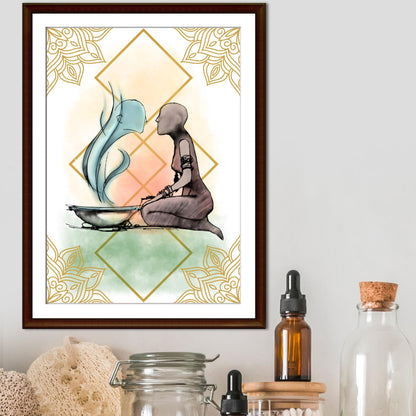 Illustration of a figure kneeling next to a bowl with steam coming out of it, against a decorative background.