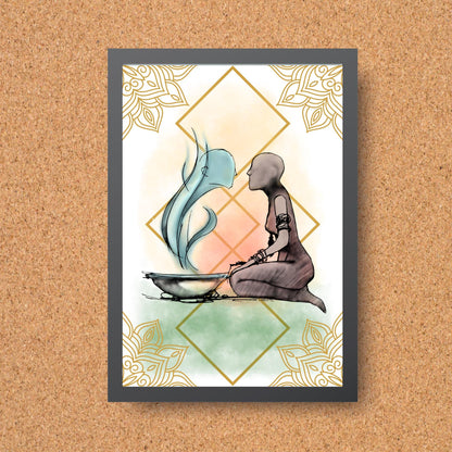 Illustration of a figure kneeling next to a bowl with steam coming out of it, against a decorative background.