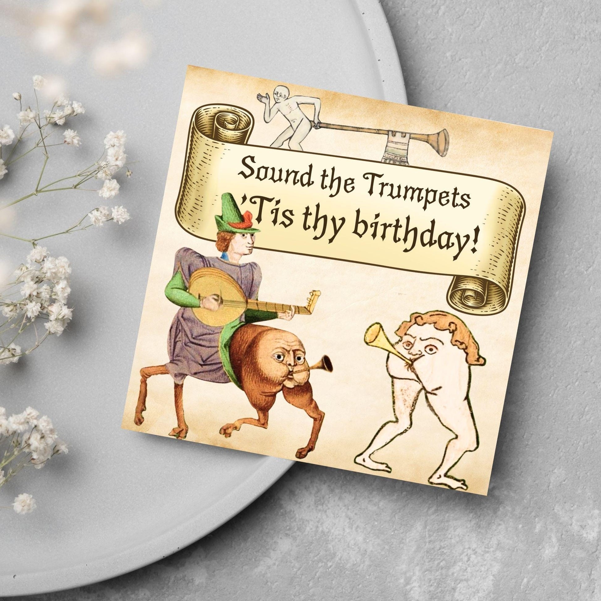 Medieval Butt Trumpet Birthday Card, Funny Marginalia Card, Rude Birthday Card for Friend, For Brother, For Sister