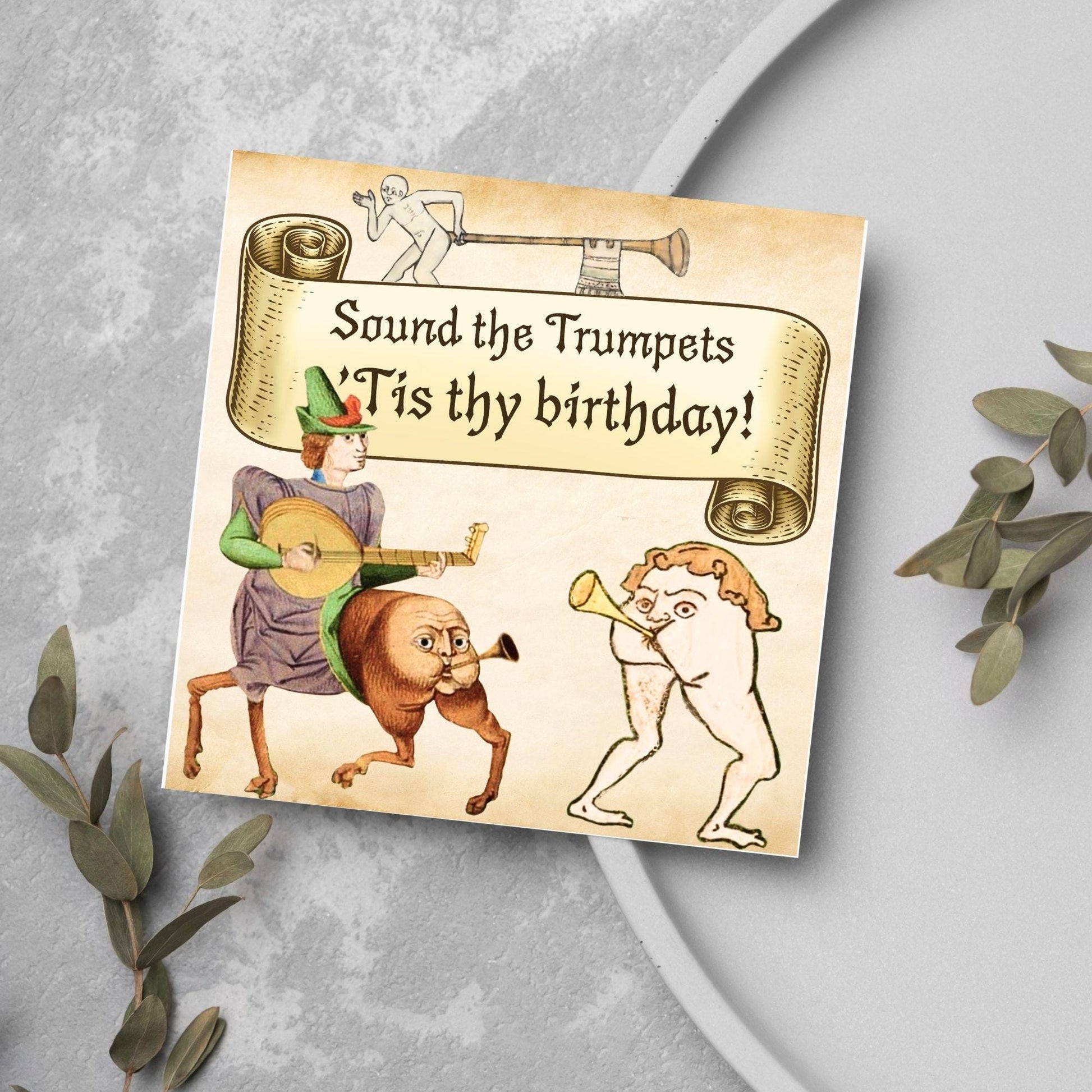 Medieval Butt Trumpet Birthday Card, Funny Marginalia Card, Rude Birthday Card for Friend, For Brother, For Sister