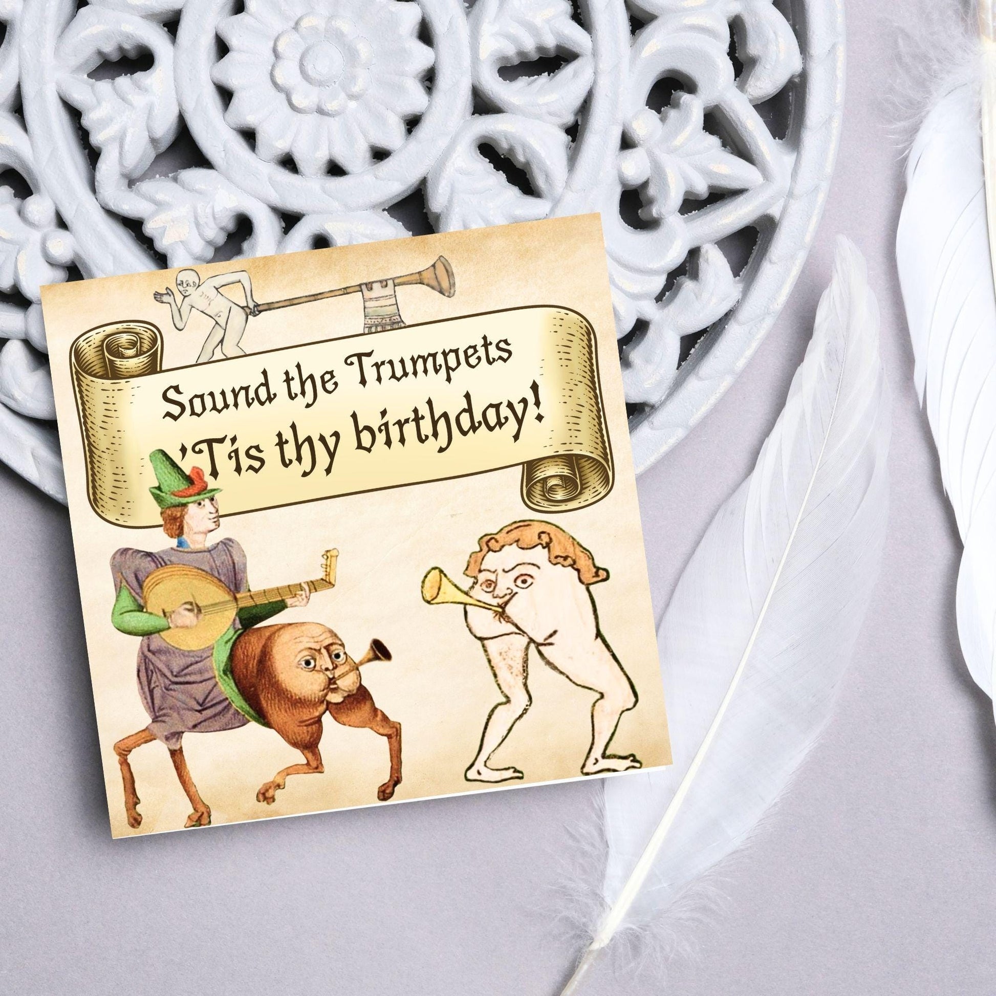 Medieval Butt Trumpet Birthday Card, Funny Marginalia Card, Rude Birthday Card for Friend, For Brother, For Sister