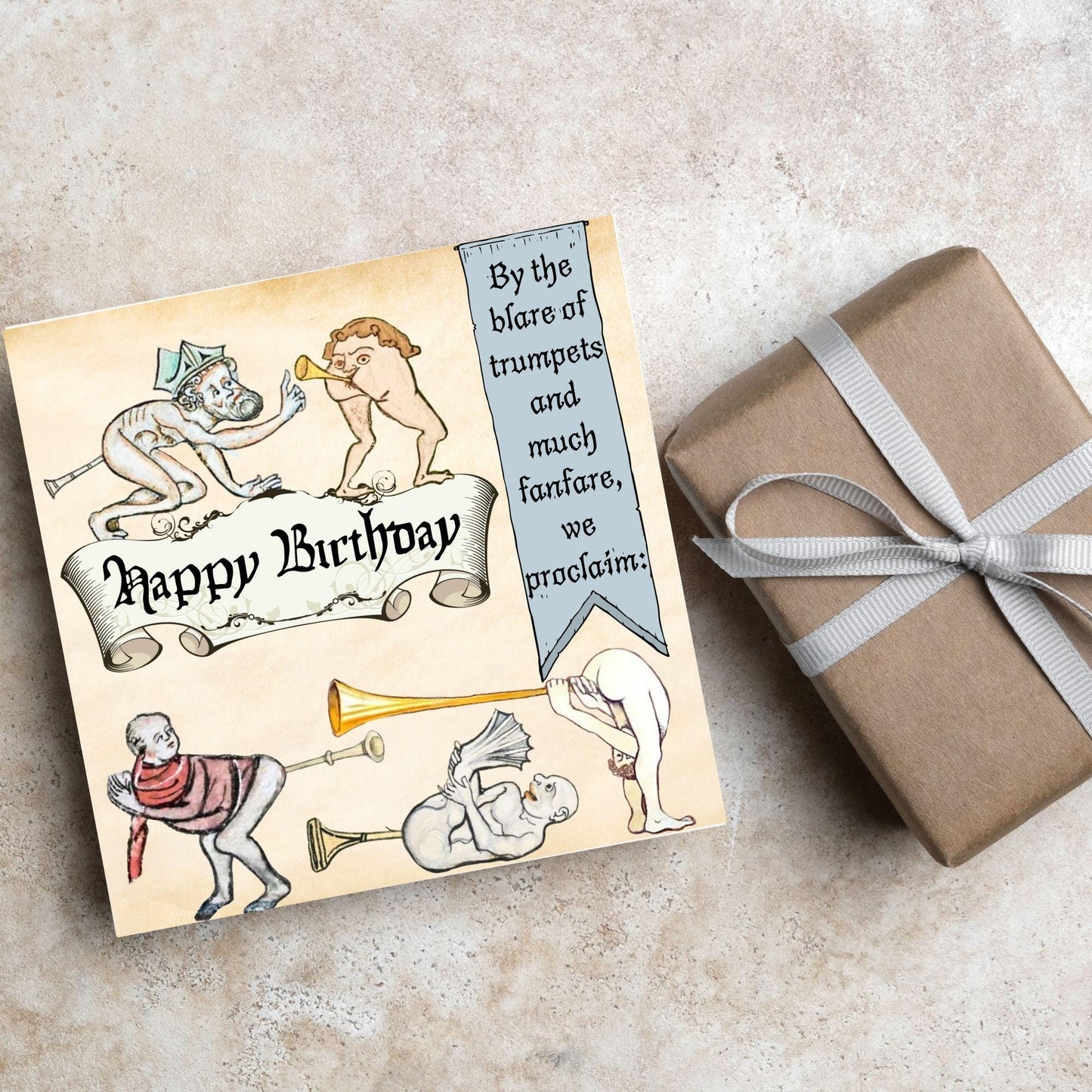 Medieval Butt Trumpet Birthday Card, Funny Marginalia Card, Rude Birthday Card for Friend, For Brother, For Sister