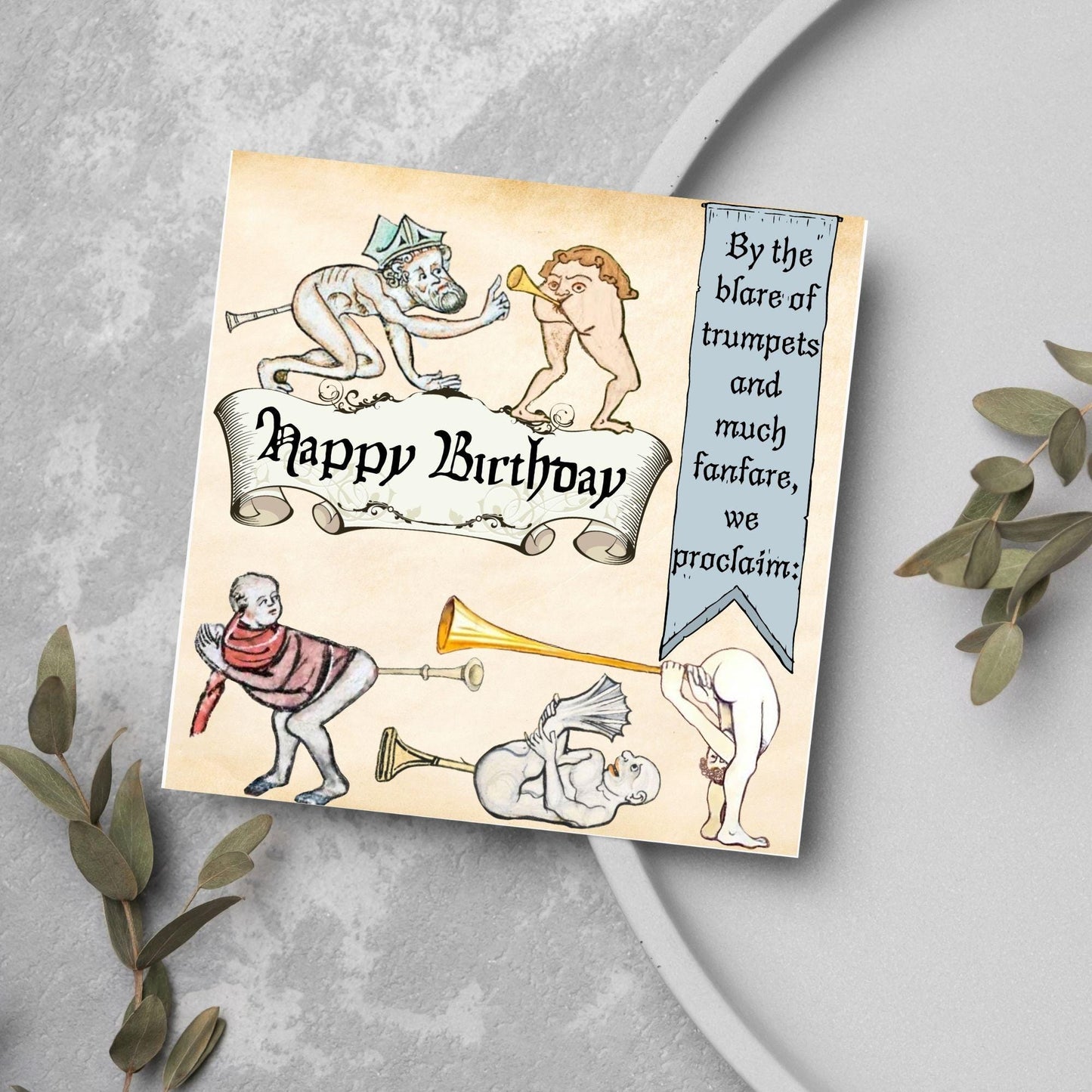 Medieval Butt Trumpet Birthday Card, Funny Marginalia Card, Rude Birthday Card for Friend, For Brother, For Sister