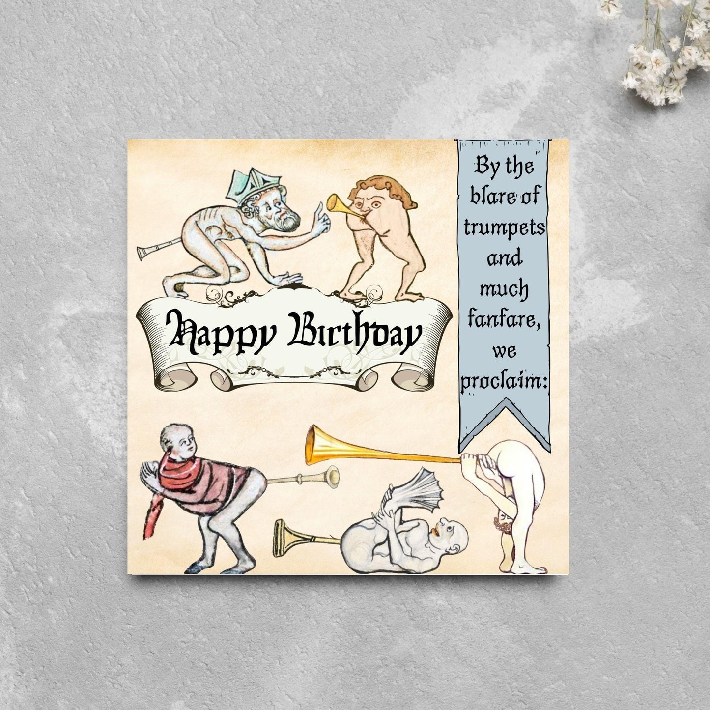 Medieval Butt Trumpet Birthday Card, Funny Marginalia Card, Rude Birthday Card for Friend, For Brother, For Sister