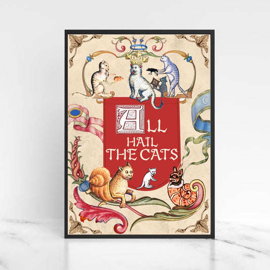 Medieval Cats A4 Print, Baroque Poster, Quirky Art, Funny Badly Drawn Cats Print, Gothic Home Decor,