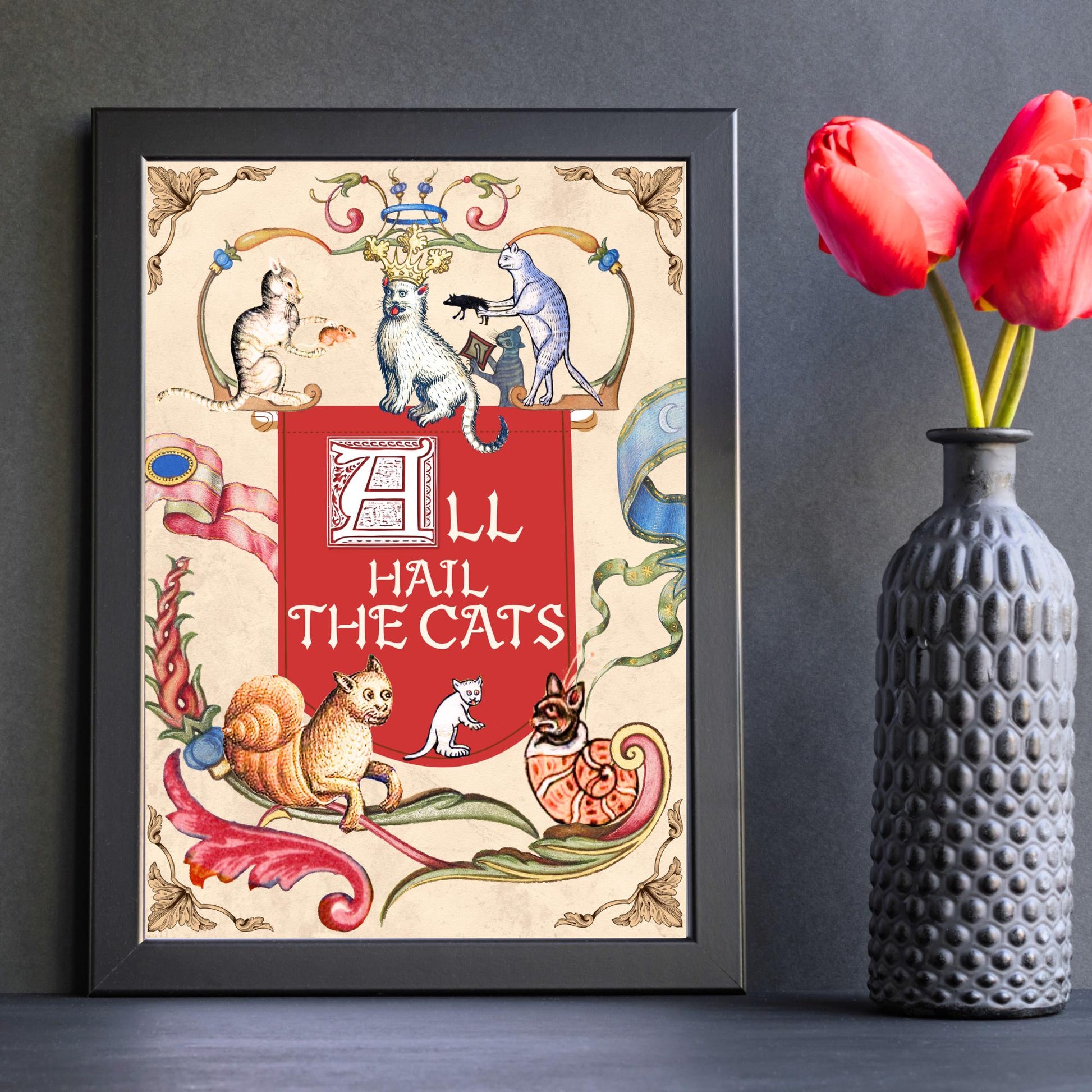Medieval Cats A4 Print, Baroque Poster, Quirky Art, Funny Badly Drawn Cats Print, Gothic Home Decor,