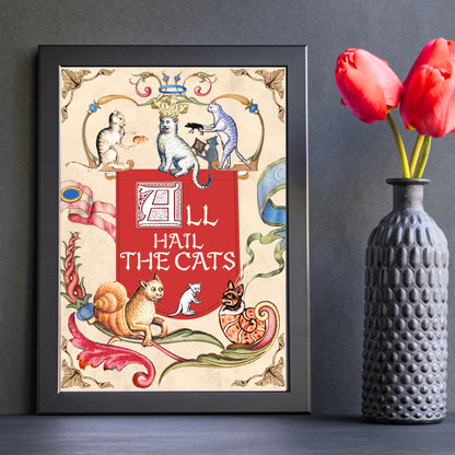 Medieval Cats A4 Print, Baroque Poster, Quirky Art, Funny Badly Drawn Cats Print, Gothic Home Decor,