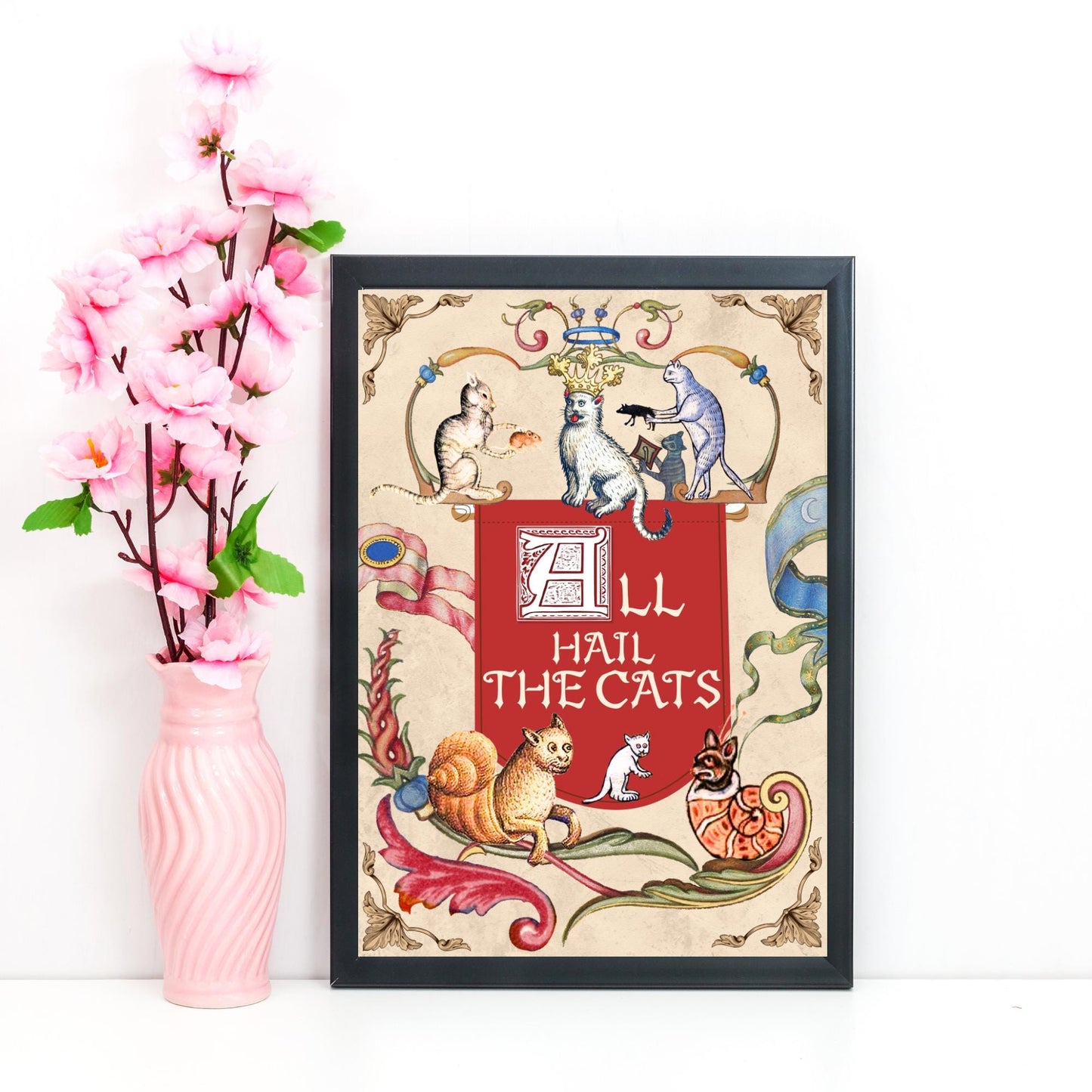 Medieval Cats A4 Print, Baroque Poster, Quirky Art, Funny Badly Drawn Cats Print, Gothic Home Decor,