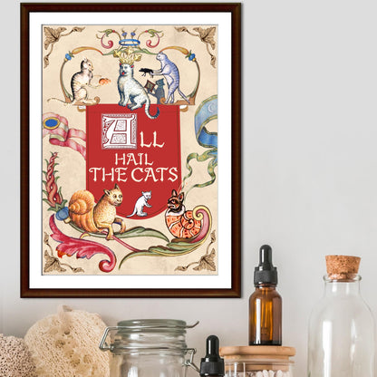 Medieval Cats A4 Print, Baroque Poster, Quirky Art, Funny Badly Drawn Cats Print, Gothic Home Decor,