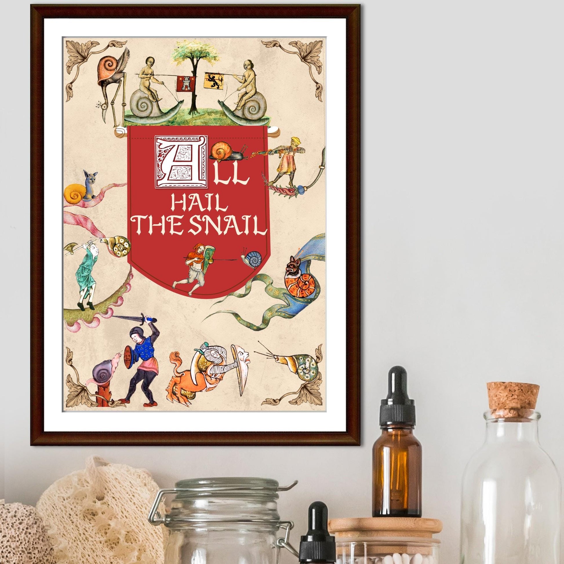 Medieval Snails A4 Print, Baroque Poster, Quirky Art, Funny Badly Drawn Snails Print, Gothic Home Decor, Marginalia