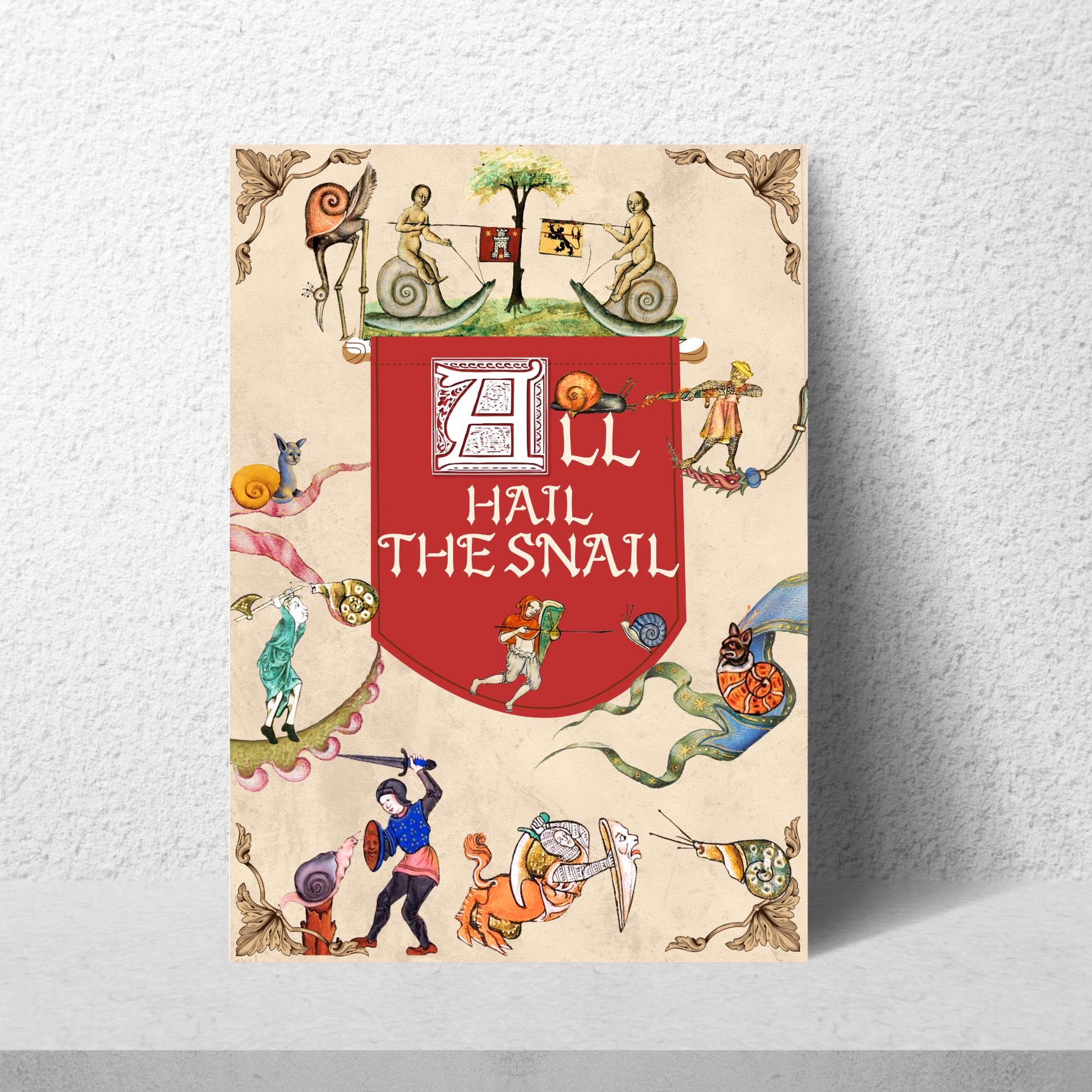 Medieval Snails A4 Print, Baroque Poster, Quirky Art, Funny Badly Drawn Snails Print, Gothic Home Decor, Marginalia