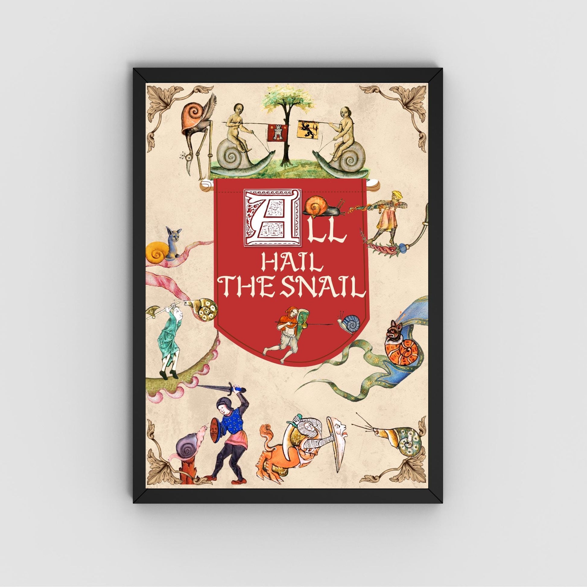 Medieval Snails A4 Print, Baroque Poster, Quirky Art, Funny Badly Drawn Snails Print, Gothic Home Decor, Marginalia