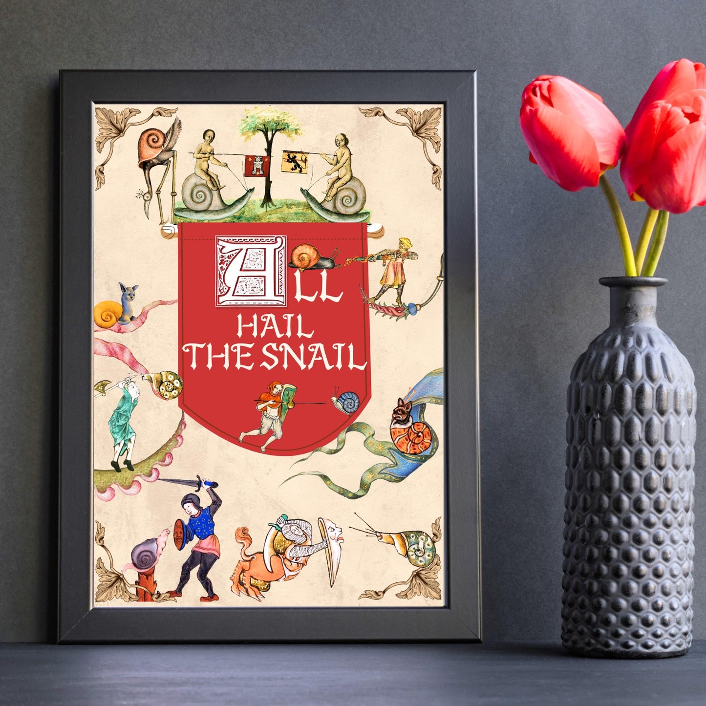Medieval Snails A4 Print, Baroque Poster, Quirky Art, Funny Badly Drawn Snails Print, Gothic Home Decor, Marginalia