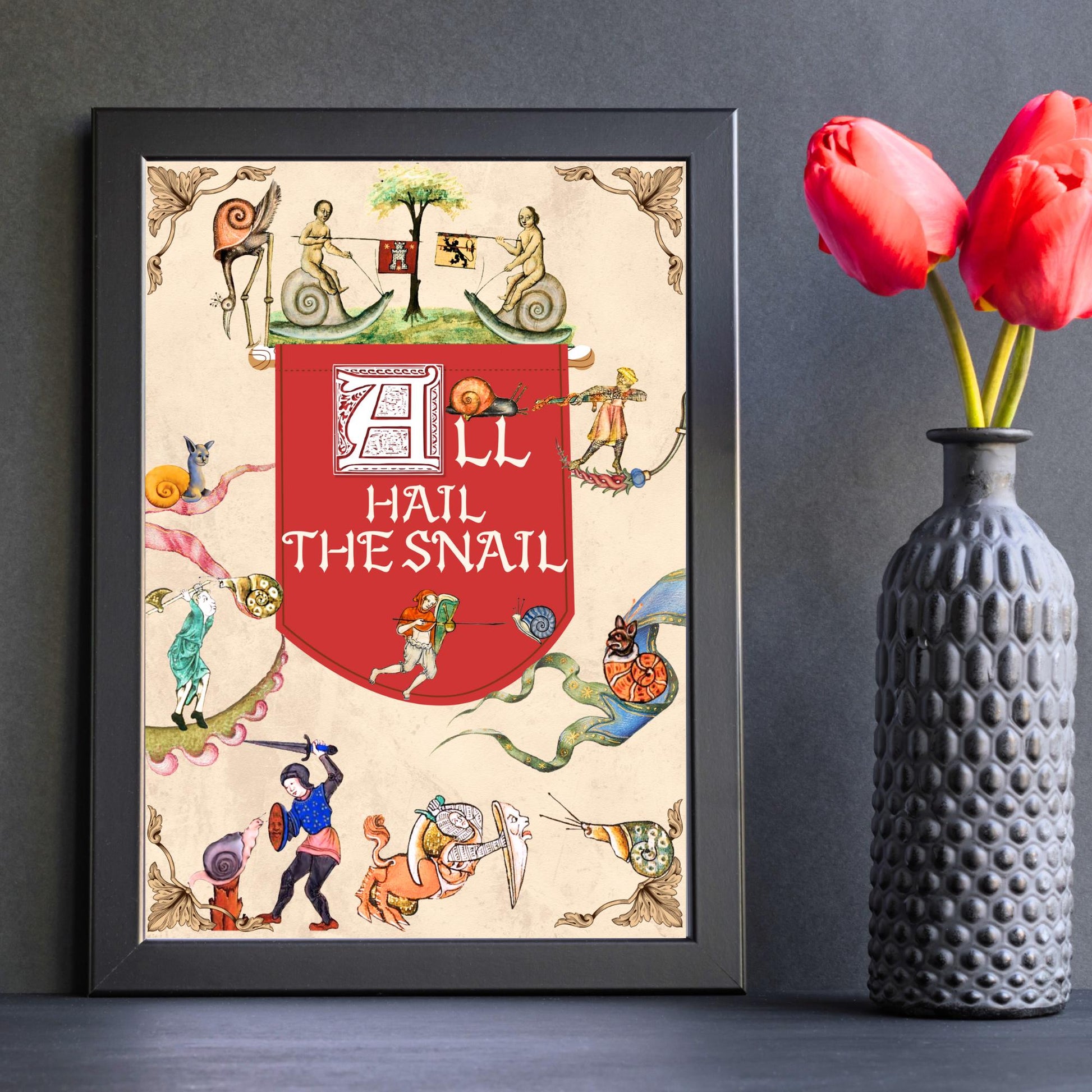 Medieval Snails A4 Print, Baroque Poster, Quirky Art, Funny Badly Drawn Snails Print, Gothic Home Decor, Marginalia