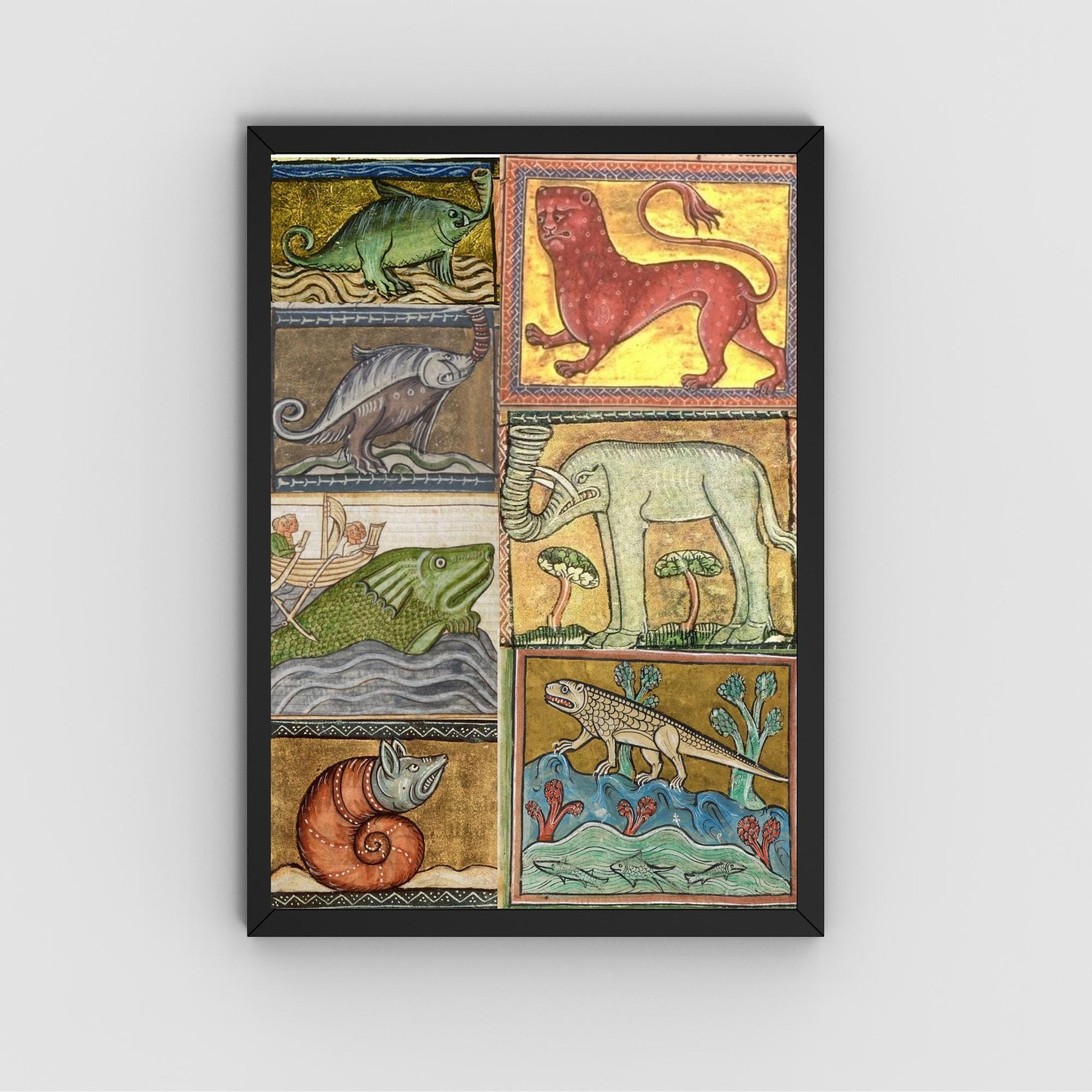 Medieval Animals A4 Print, Baroque Poster, Quirky Art, Funny Badly Drawn Animal Print, Gothic Home Decor, Marginalia