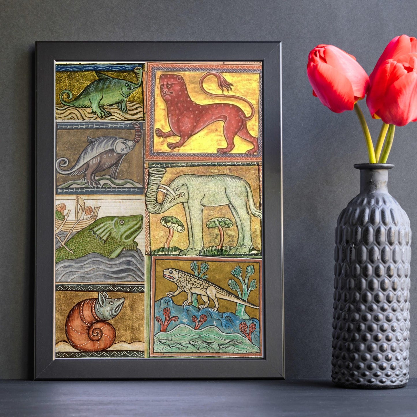 Medieval Animals A4 Print, Baroque Poster, Quirky Art, Funny Badly Drawn Animal Print, Gothic Home Decor, Marginalia