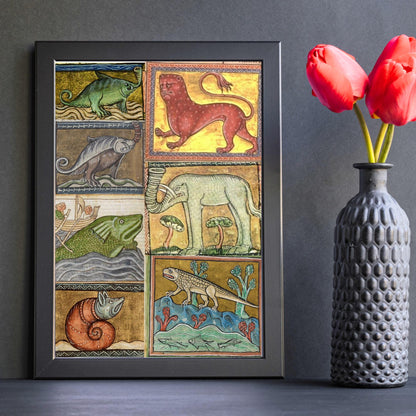 Medieval Animals A4 Print, Baroque Poster, Quirky Art, Funny Badly Drawn Animal Print, Gothic Home Decor, Marginalia