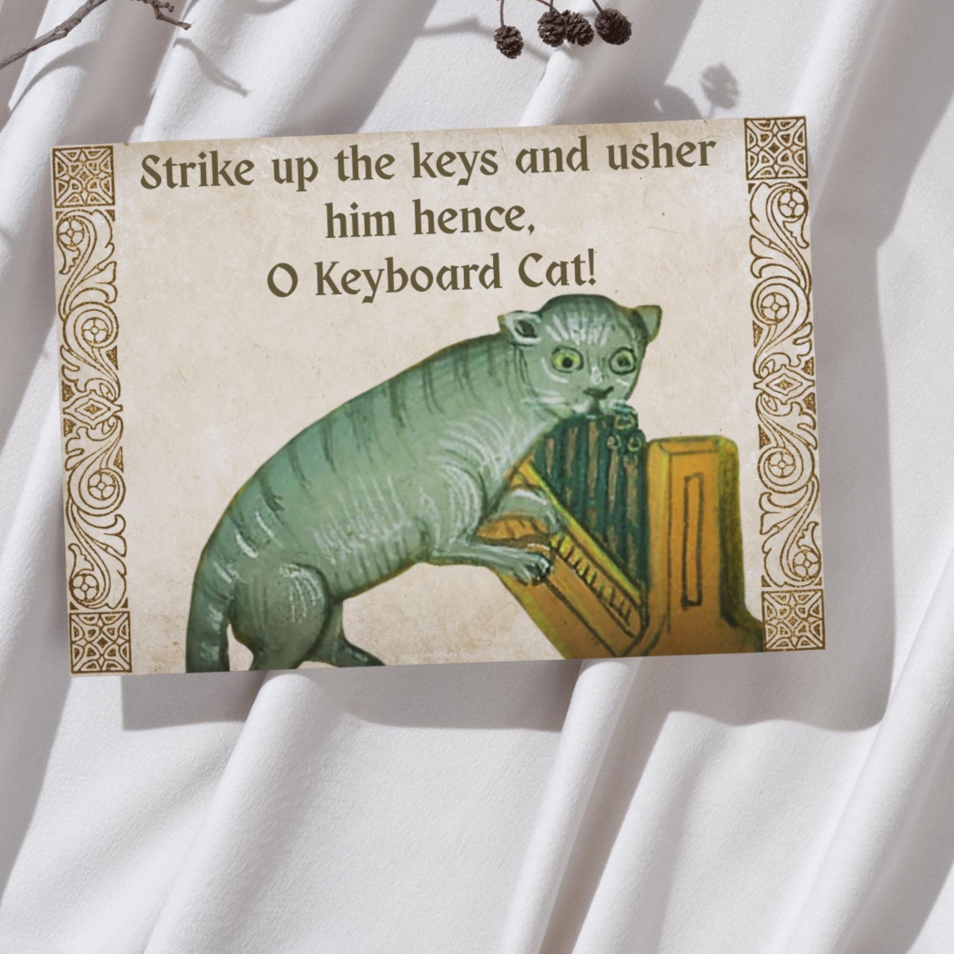 Medieval Keyboard Cat Art Print, Quirky Gothic Home Decor, Internet Meme Poster