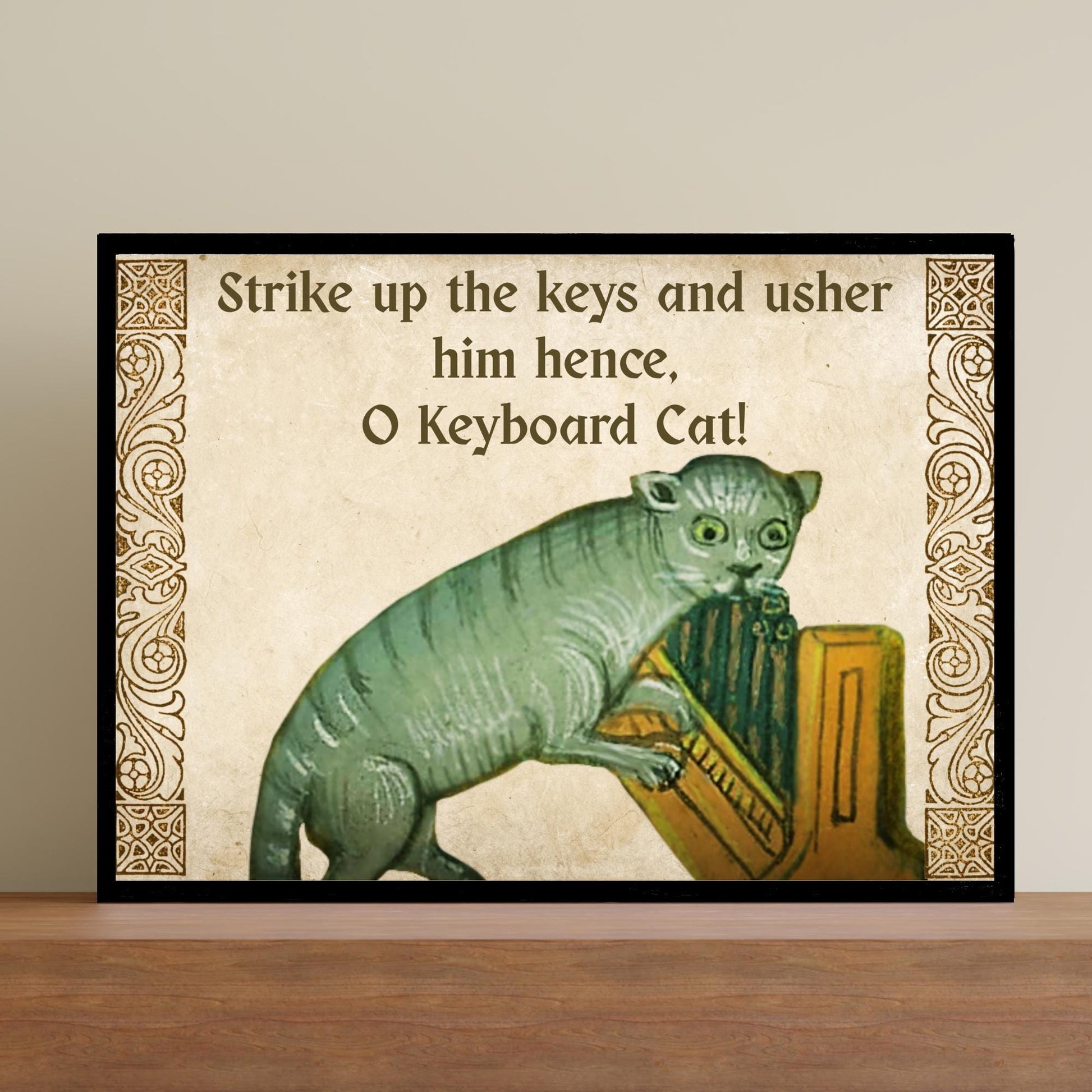 Medieval Keyboard Cat Art Print, Quirky Gothic Home Decor, Internet Meme Poster