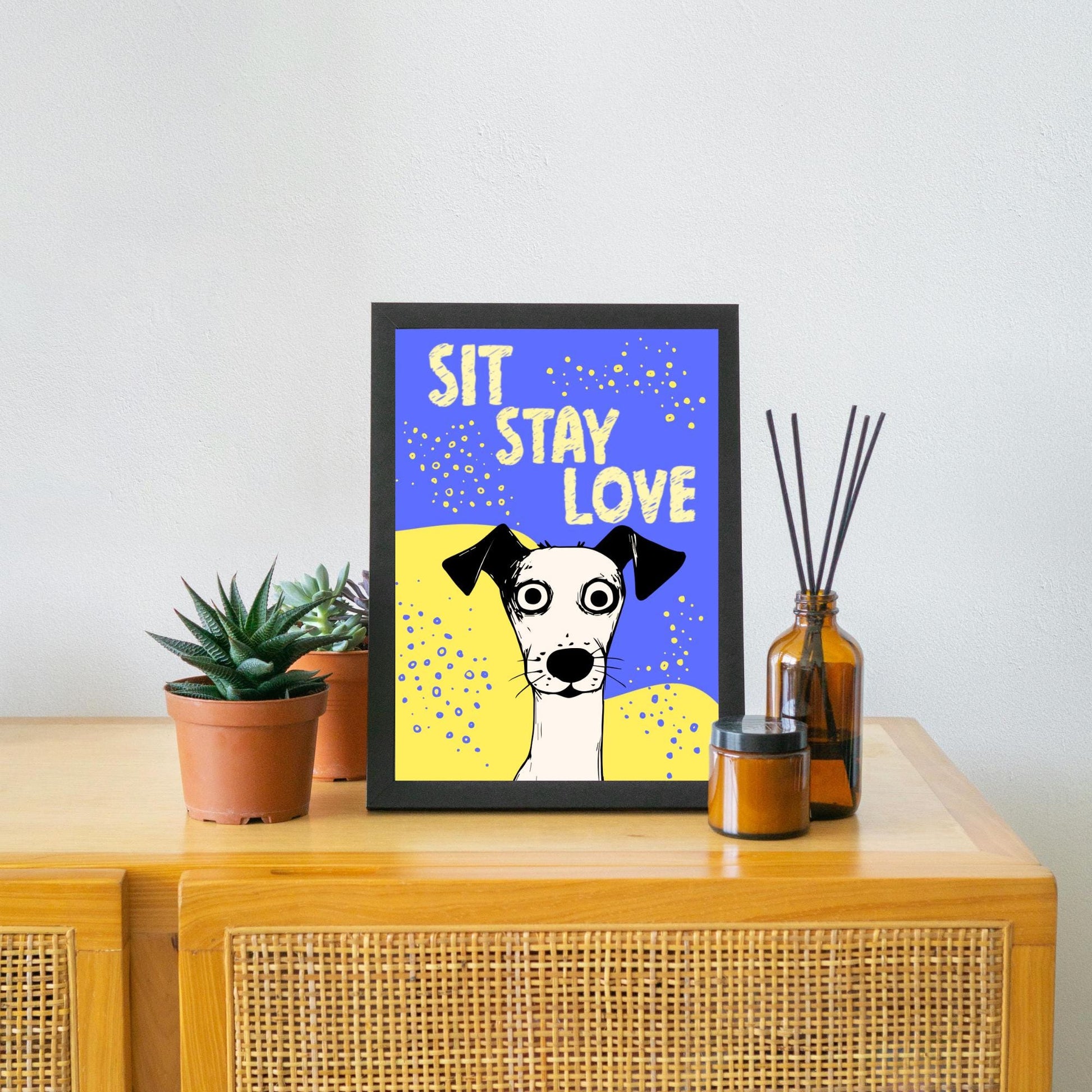 Dog Art Poster, A4 Print, Sit, Stay, Love. Dog Lover Home Decor, Fun Wall Art