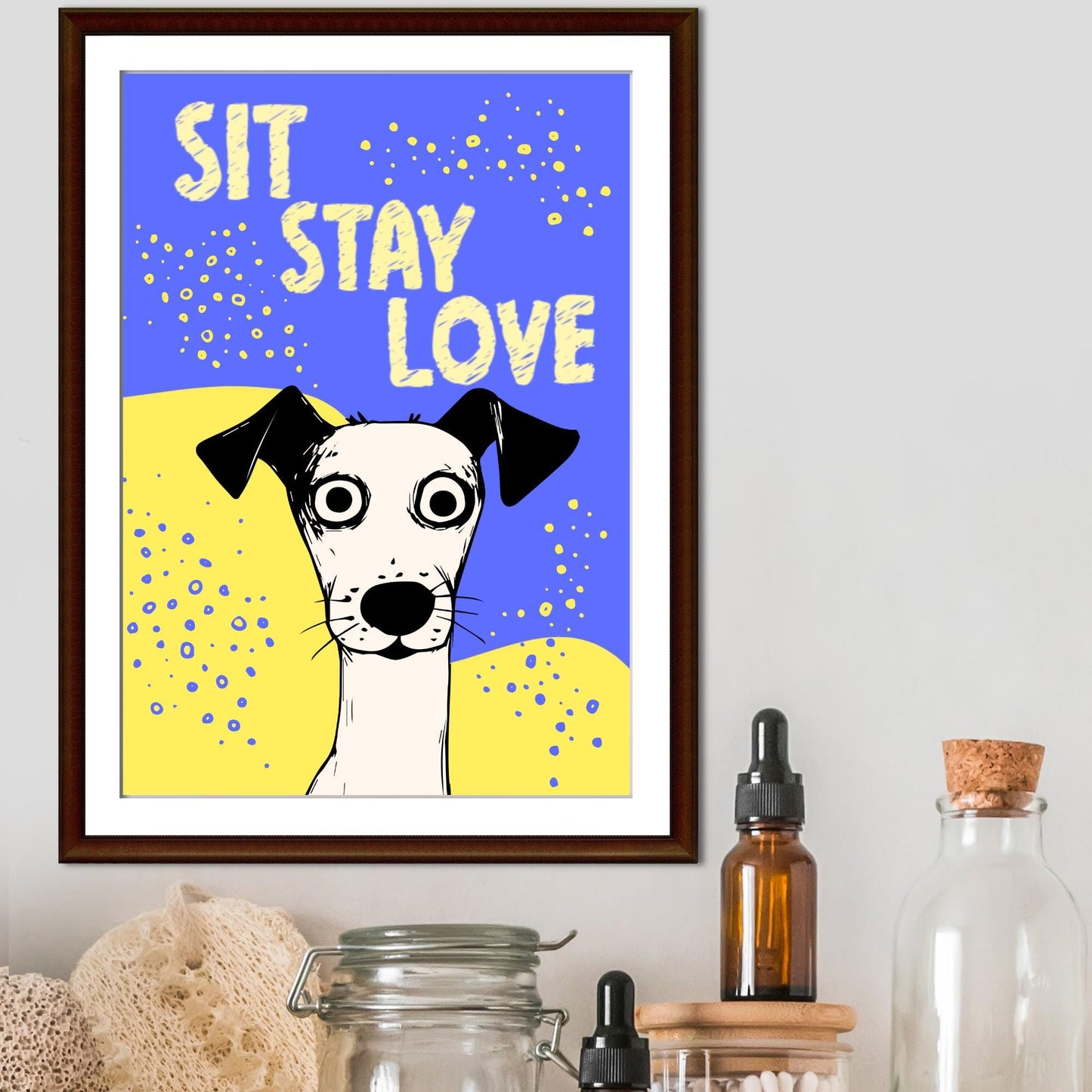 Dog Art Poster, A4 Print, Sit, Stay, Love. Dog Lover Home Decor, Fun Wall Art