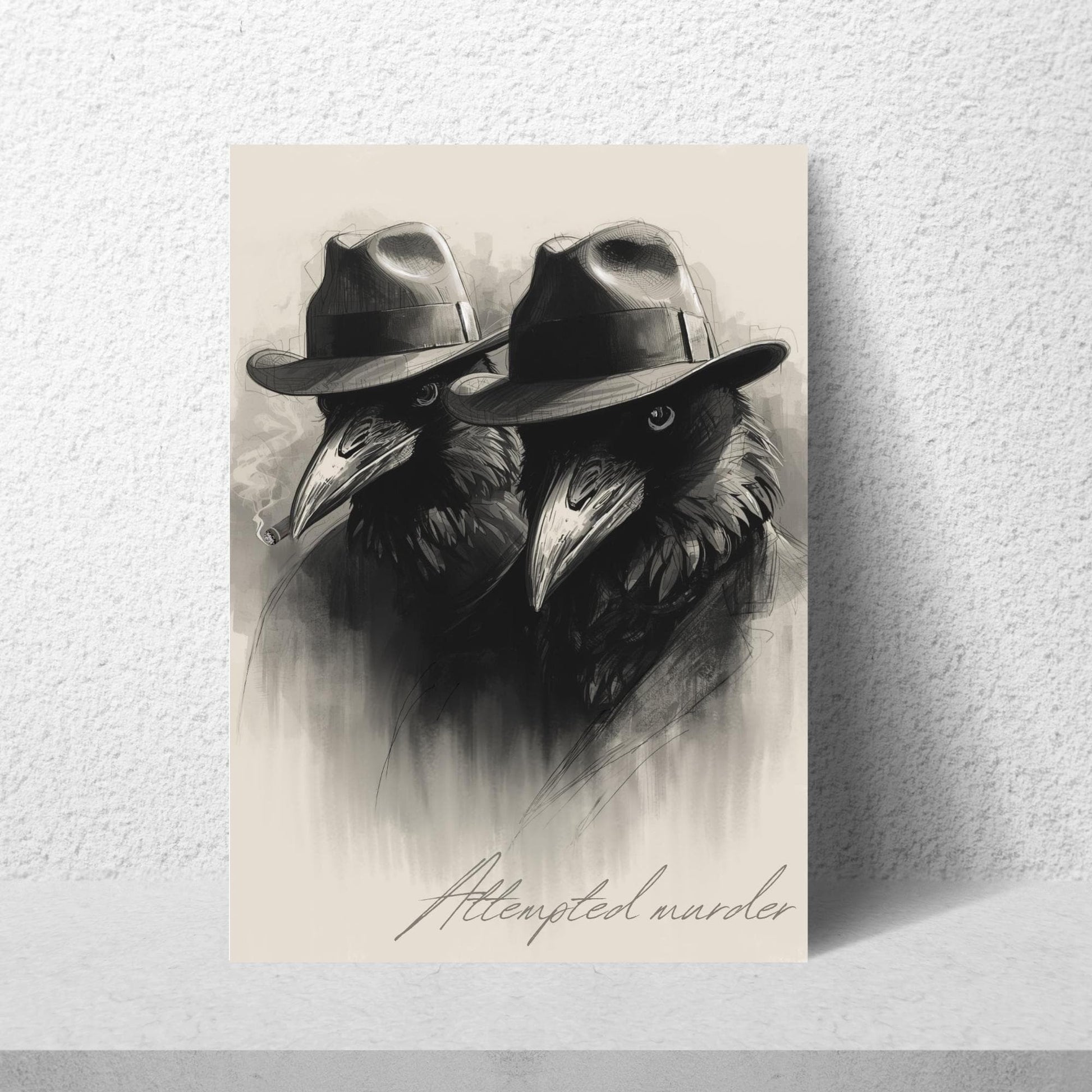 Crow Print Poster, Gothic Wall Art, Dark Decor, Crow Art, Film Noir Print, Corvid Attempted Murder A4