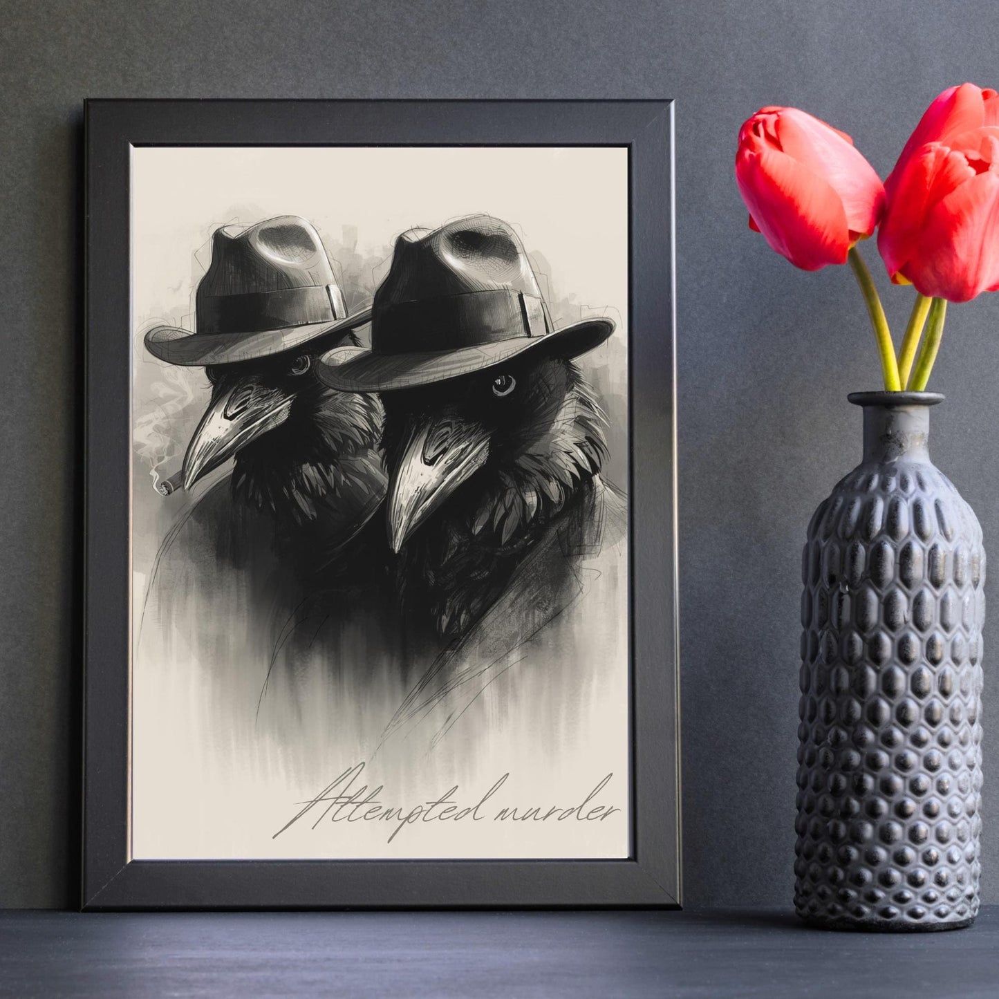 Crow Print Poster, Gothic Wall Art, Dark Decor, Crow Art, Film Noir Print, Corvid Attempted Murder A4