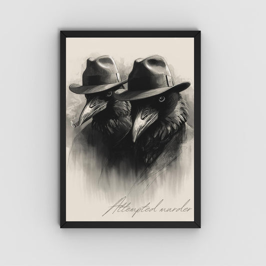 Crow Print Poster, Gothic Wall Art, Dark Decor, Crow Art, Film Noir Print, Corvid Attempted Murder A4