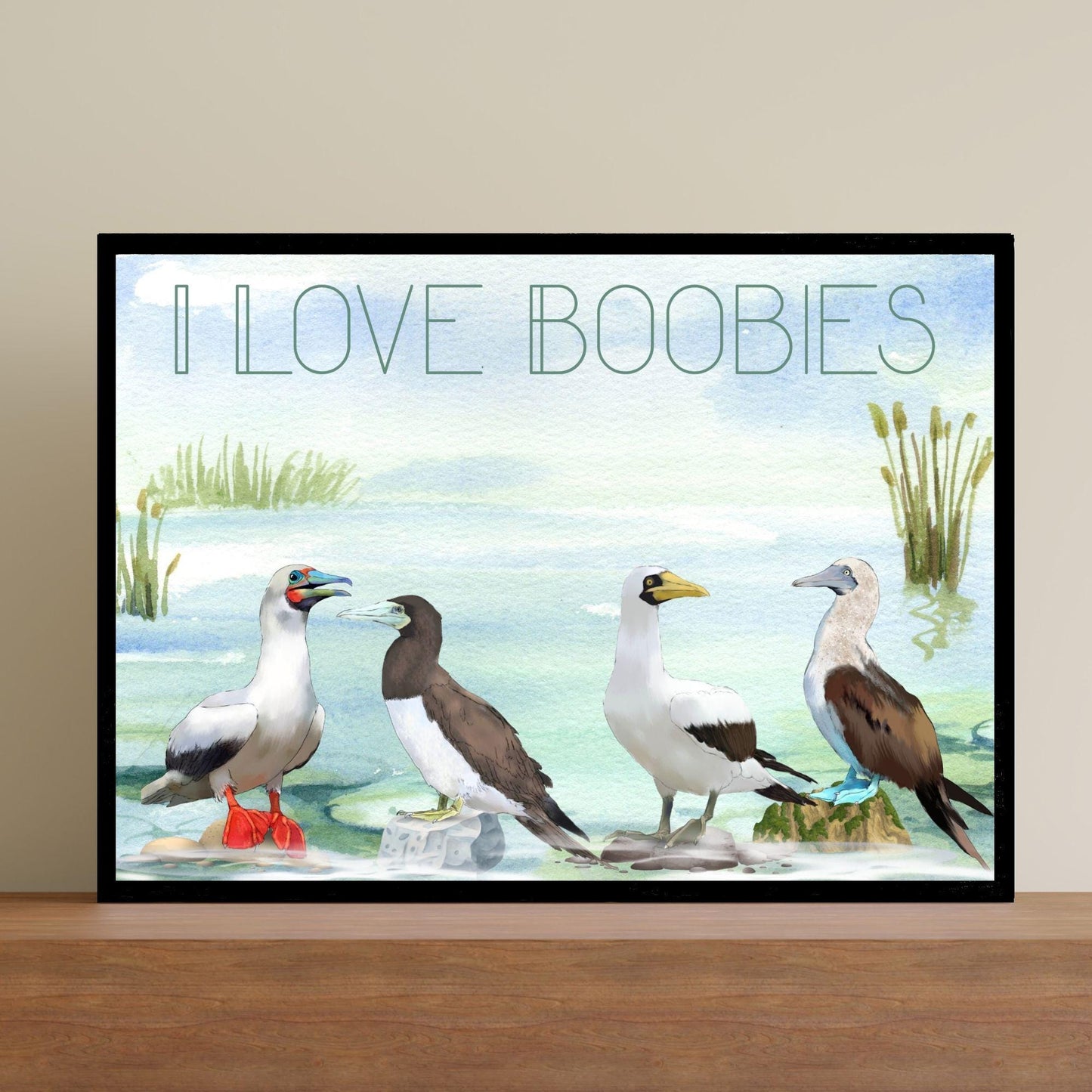 Boobies A4 Print, High Quality Wall Art, Quirky Bird Art, Booby Watercolour, Original Artist Print, Ornithology, Bird Watcher Art