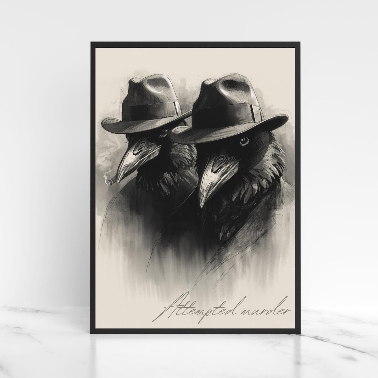 Crow Print Poster, Gothic Wall Art, Dark Decor, Crow Art, Film Noir Print, Corvid Attempted Murder A4