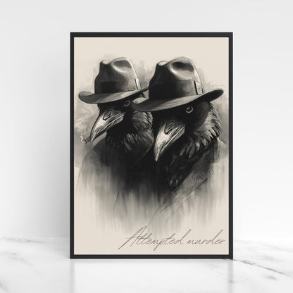 Crow Print Poster, Gothic Wall Art, Dark Decor, Crow Art, Film Noir Print, Corvid Attempted Murder A4