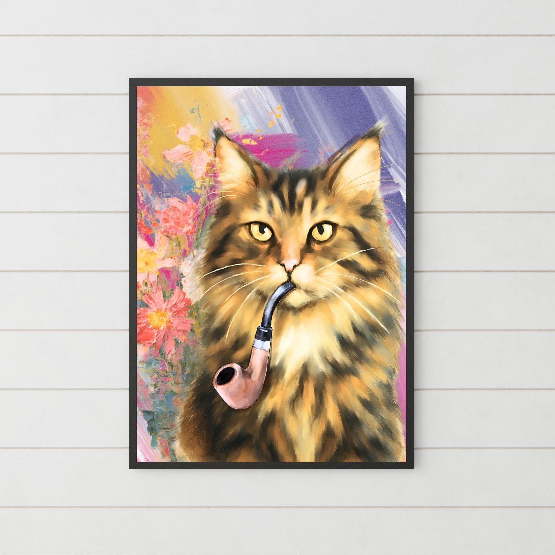 Cat Art Print, Cat Smoking Pipe, Quirky Wall Art A4 Poster, Weird Home Decor