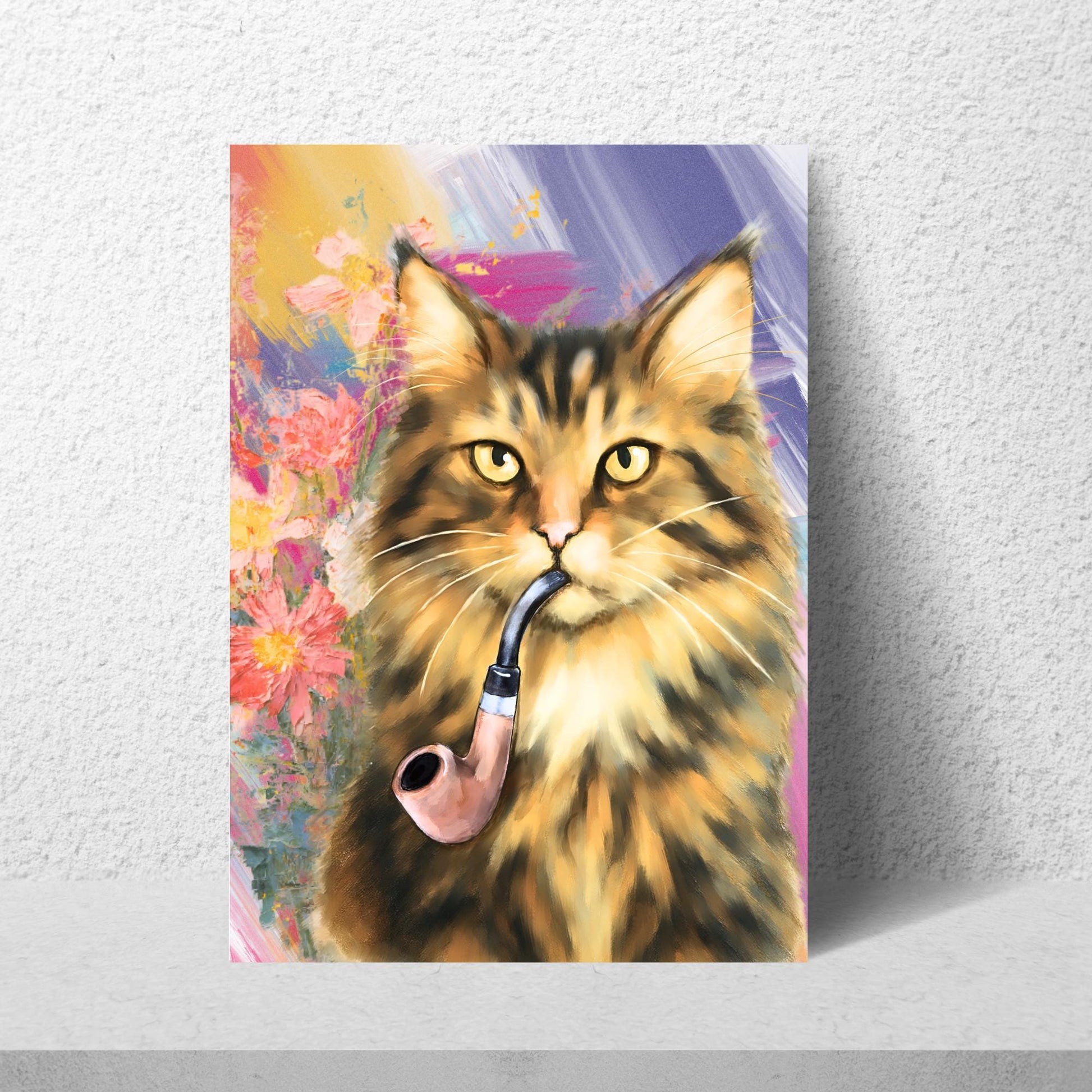 Cat Art Print, Cat Smoking Pipe, Quirky Wall Art A4 Poster, Weird Home Decor