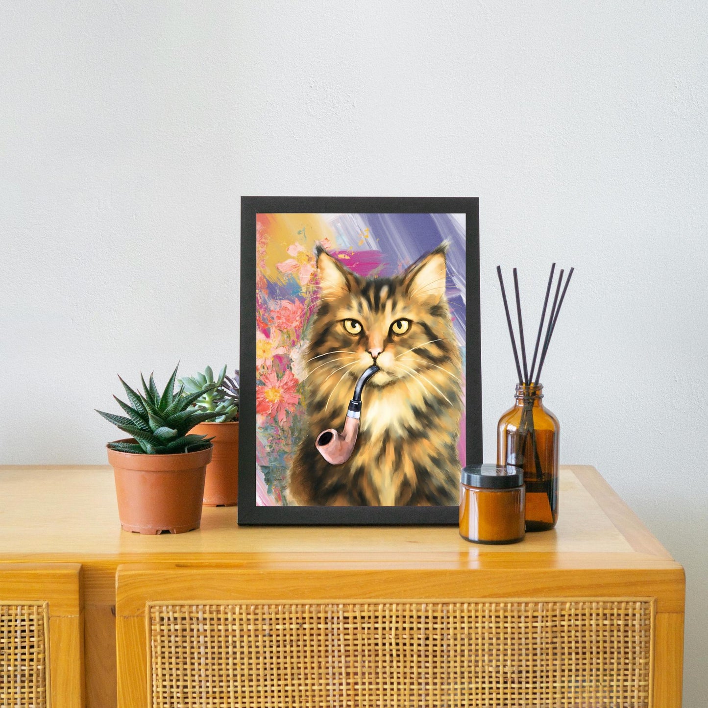 Cat Art Print, Cat Smoking Pipe, Quirky Wall Art A4 Poster, Weird Home Decor